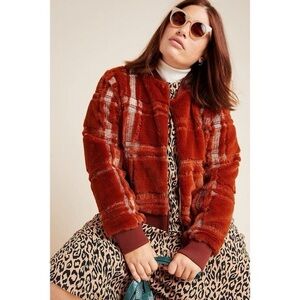 Anthropologie Plaid Rust Teddy Bomber Jacket